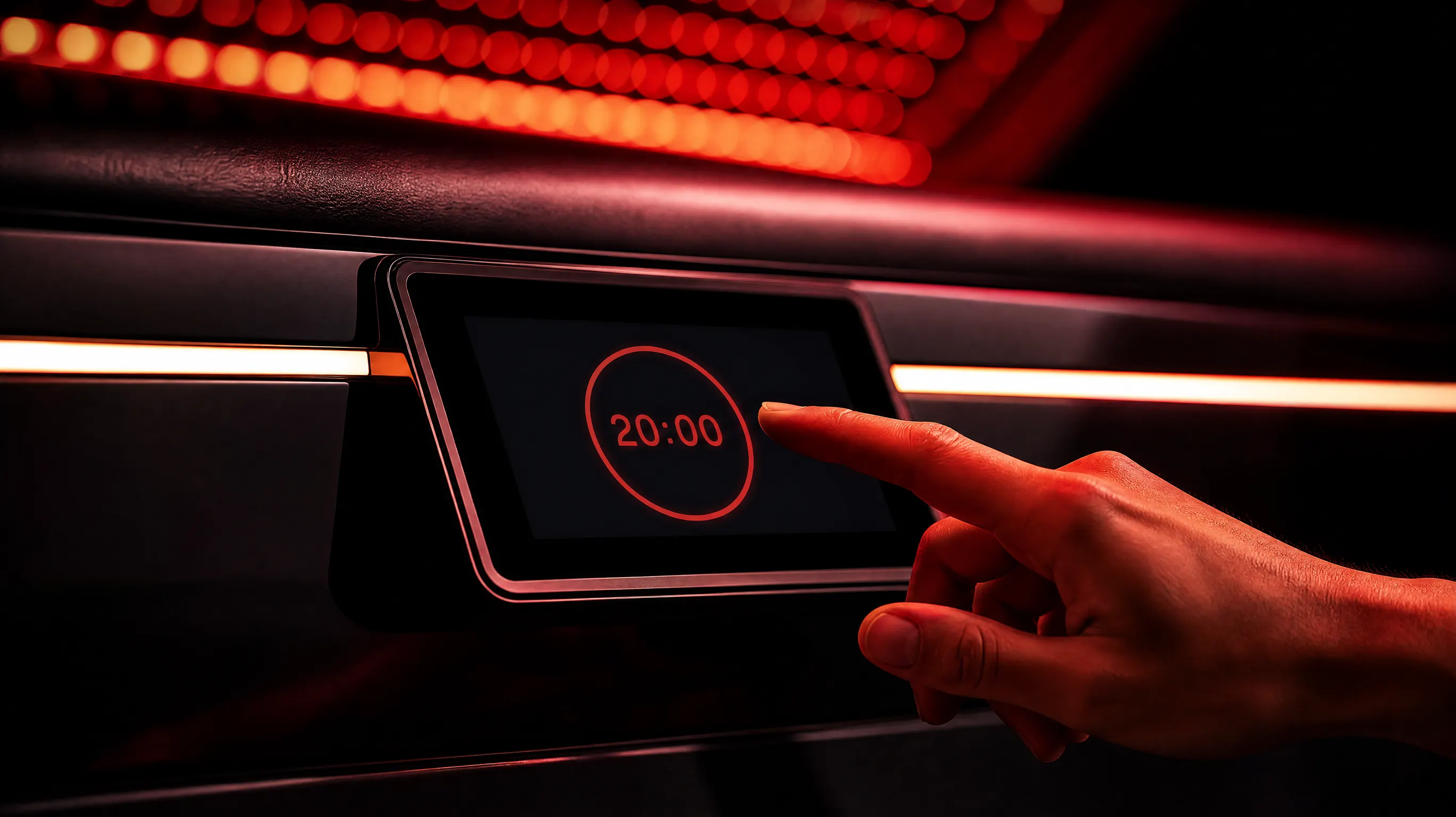 Touchscreen control panel on the side of a red light therapy bed