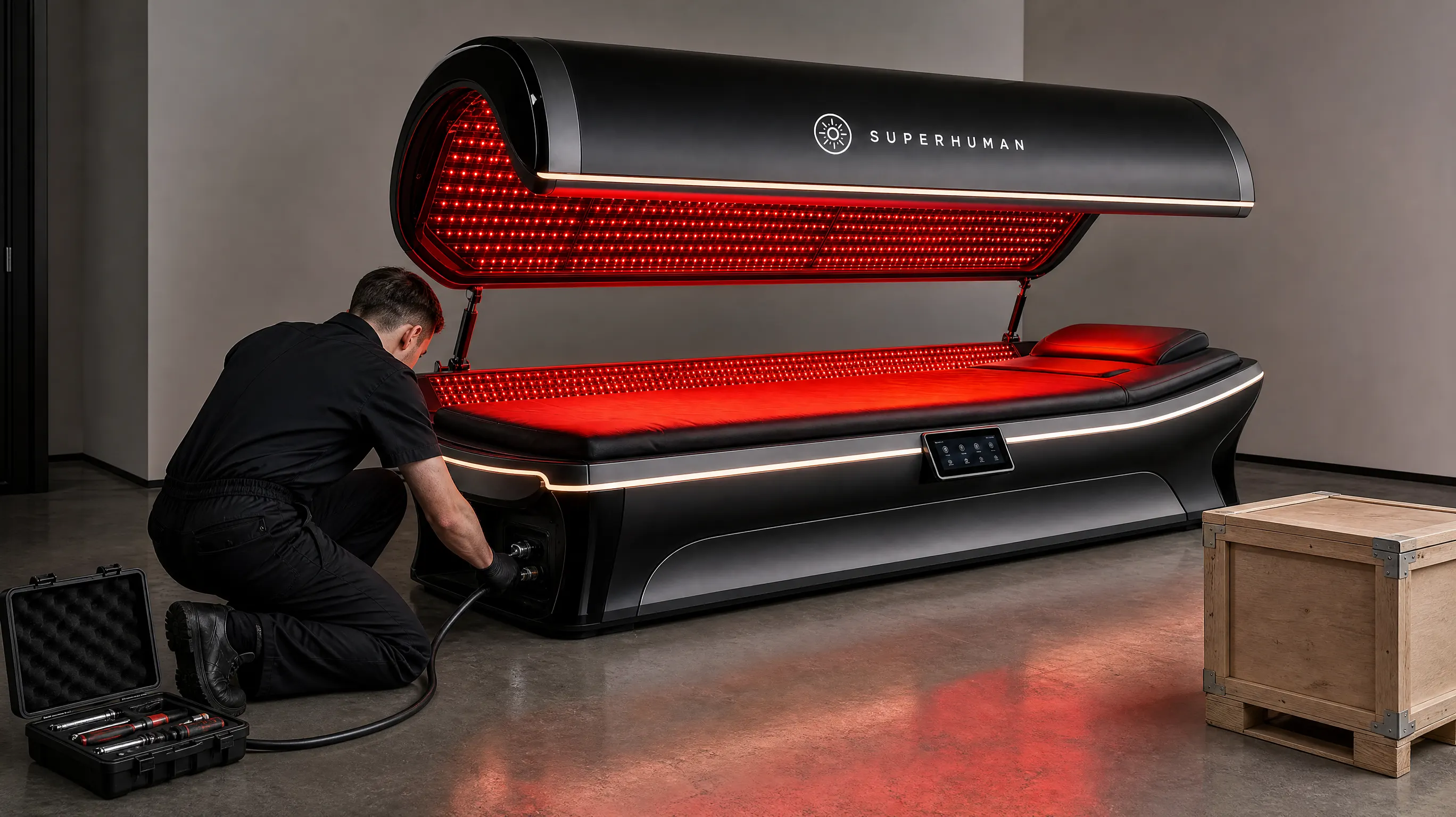Technician connecting the electrical supply of a red light therapy bed