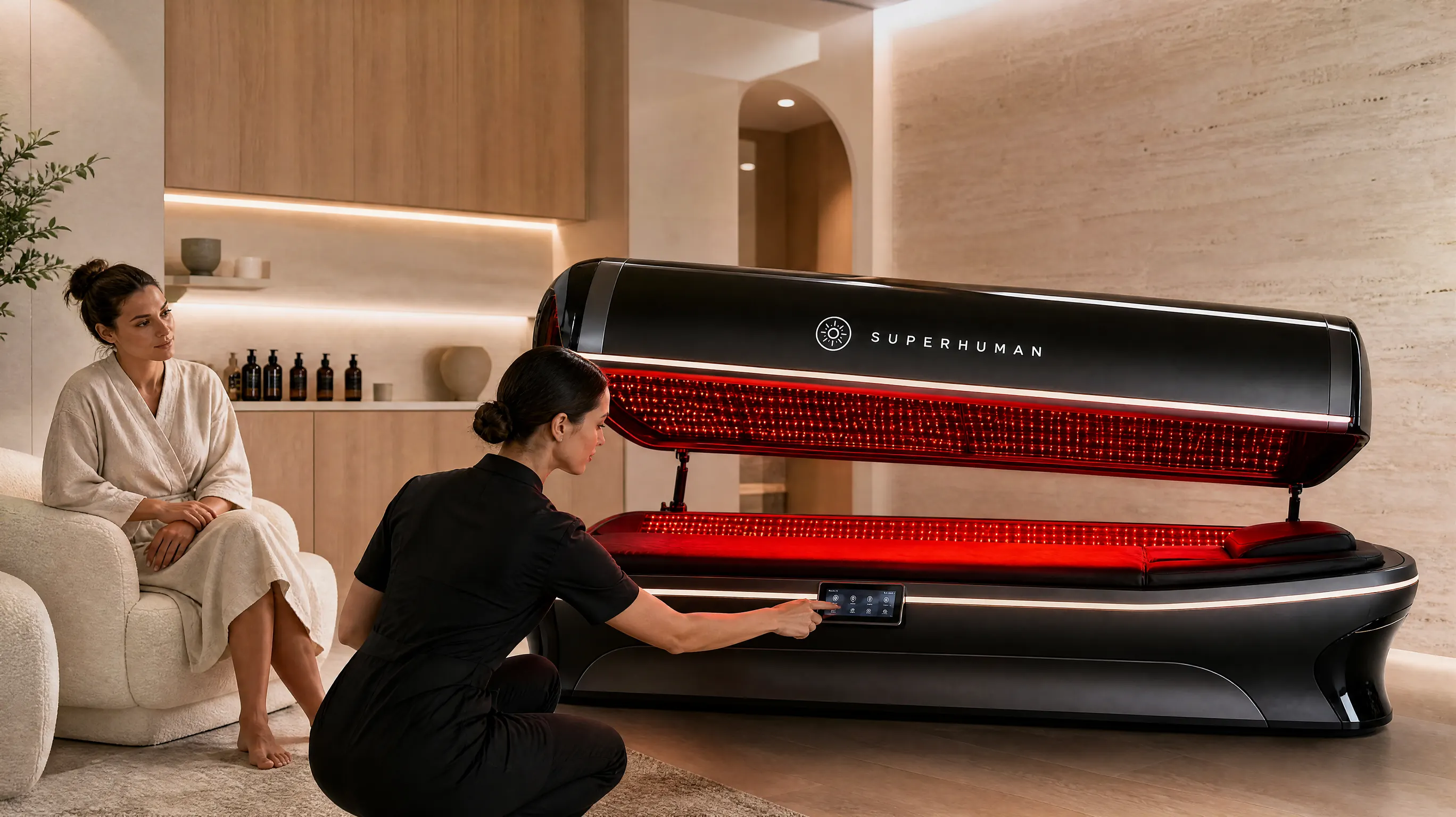 Red light therapy bed in a modern med spa treatment room