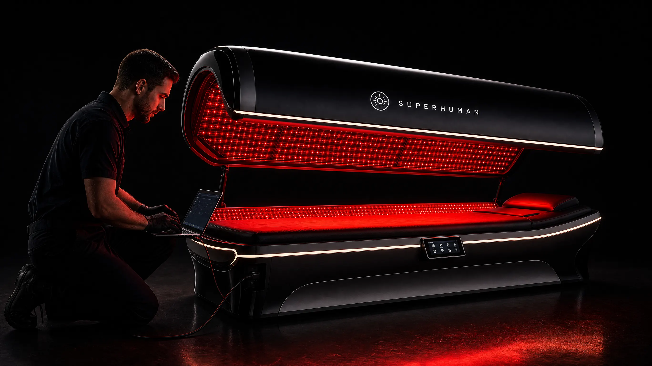 Service engineer checking a red light therapy bed with a laptop