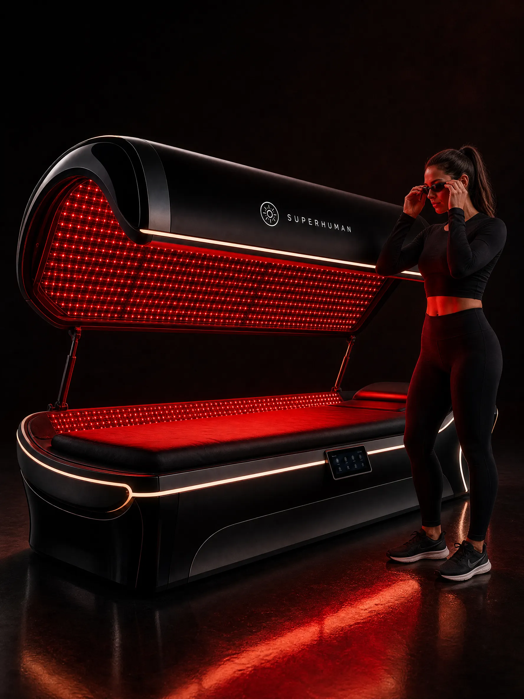 Guest lying down in a red light therapy bed as the canopy closes