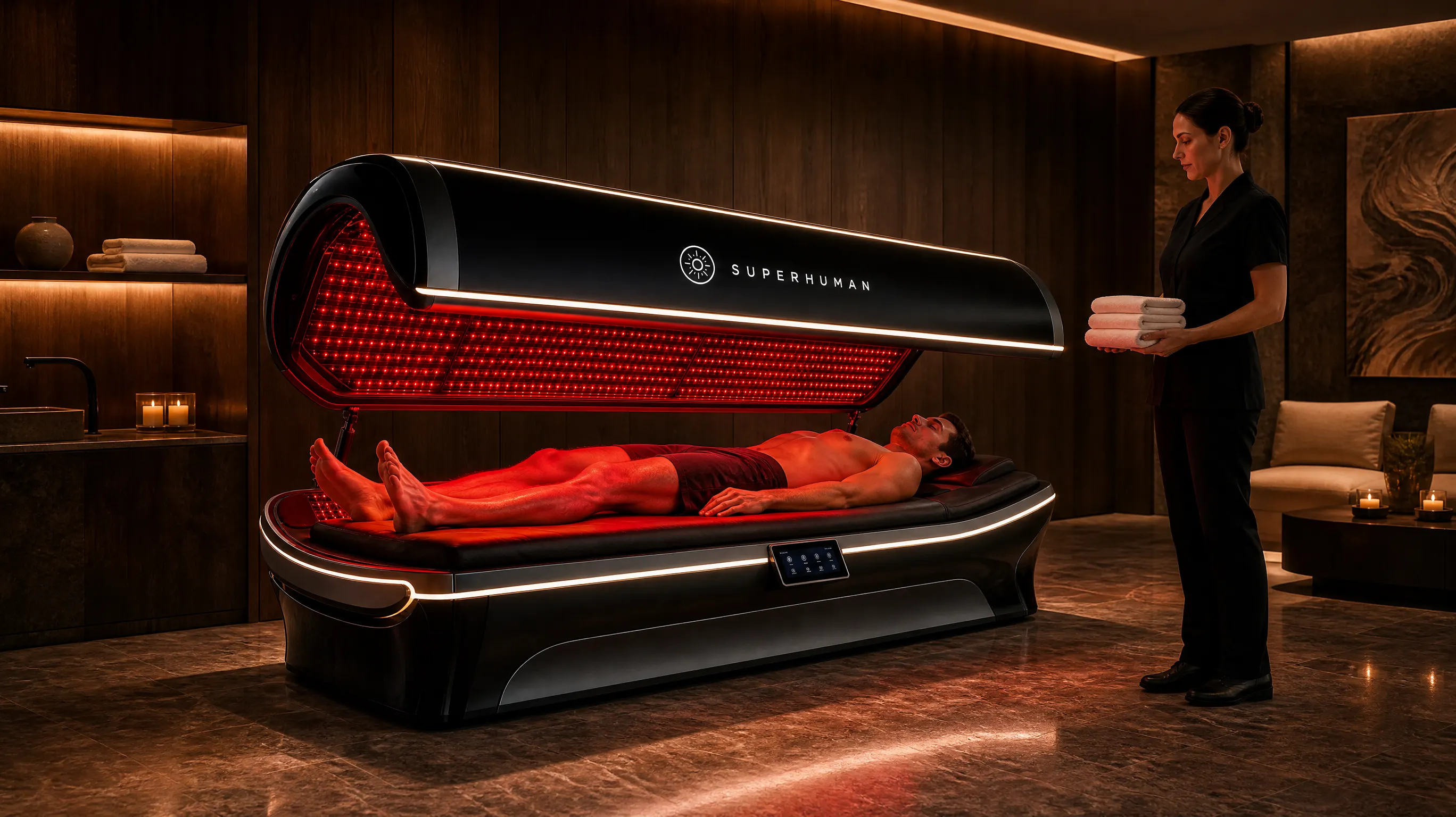 Red light therapy bed in a luxury day spa suite