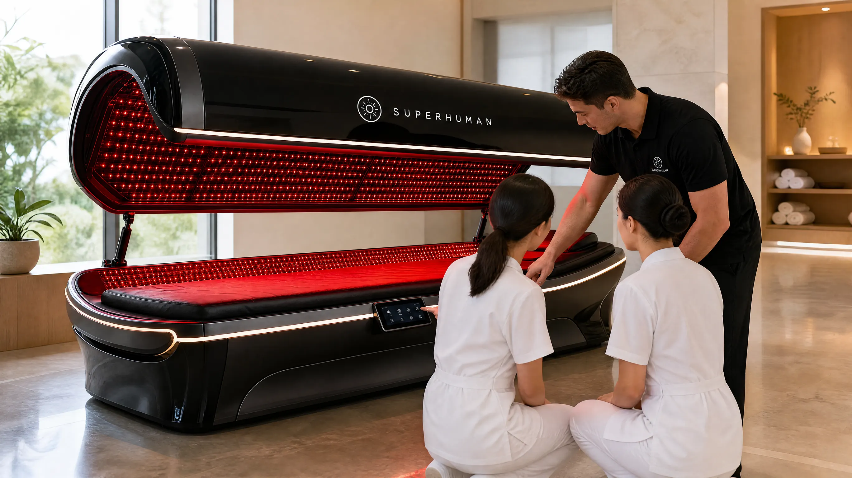 Trainer showing spa staff how to operate a red light therapy bed